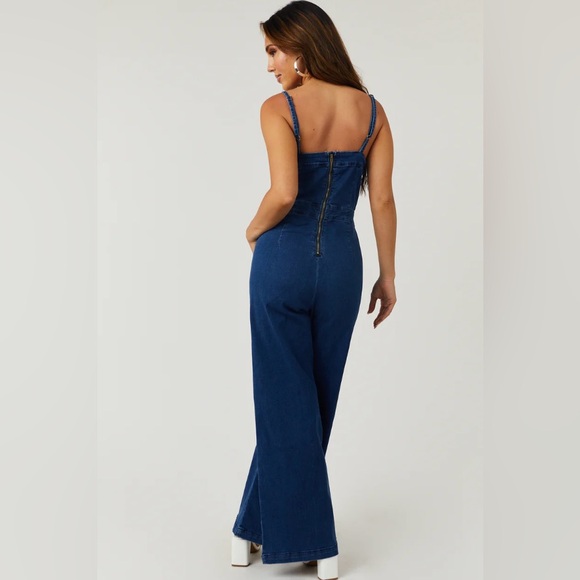 Women’s Dark Wash Denim Wide Leg Jumpsuit - Picture 2 of 4